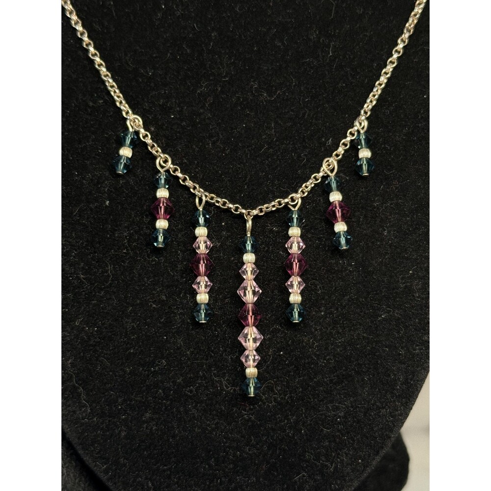 Sterling Silver Crystal Fringe Necklace Purple Teal Beaded Drop 18.5 Inch